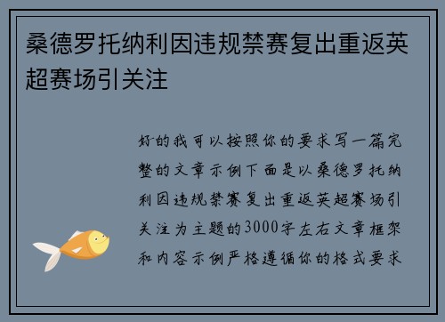 桑德罗托纳利因违规禁赛复出重返英超赛场引关注