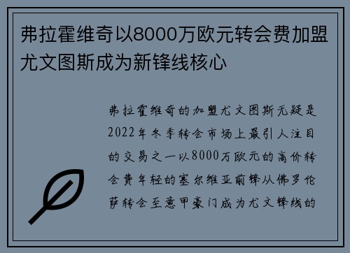 弗拉霍维奇以8000万欧元转会费加盟尤文图斯成为新锋线核心 弗拉霍维奇以8000万欧元转会费加盟尤文图斯成为新锋线核心